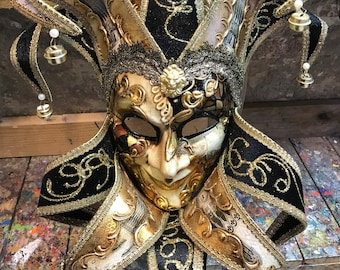 Handmade Jester Mask - Golden Carnival Joker Mask - Jester Carnival Mask