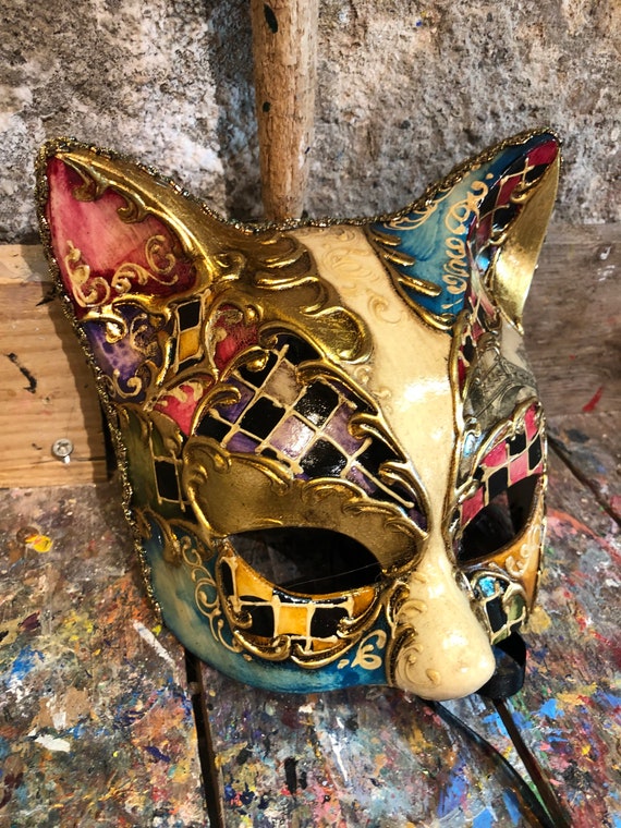 オリジナルベネチアン猫マスク - 猫マスク - 手作りの張り子マスク