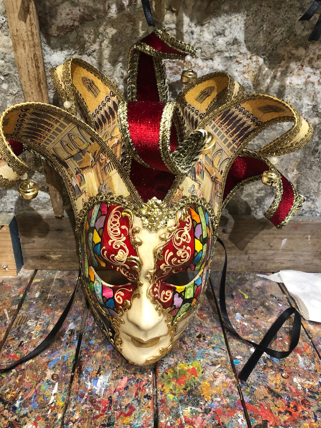 Jolly Mask Handdecorated With Gold Leaf and Precious Fabrics
