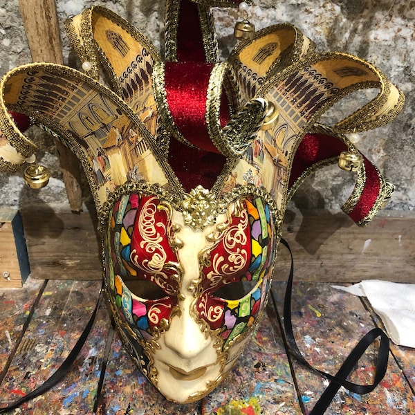 Venetian Joker Mask Hand-Decorated with Gold Leaf and Precious Fabrics - Venetian Jester Mask