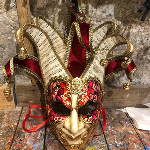 Venetian Jolly Mask Red and Gold - Hand Made and Decorated Jester Mask - Jester Mask