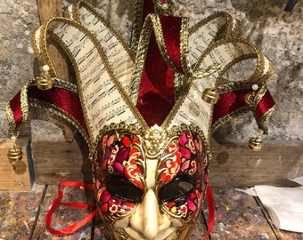 Venetian Jolly Mask Red and Gold - Hand Made and Decorated Jester Mask - Jester Mask