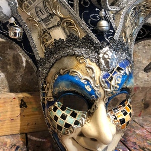 Venetian Jester Mask Decorated with Blue and Silver Colors - Hand Decorated Joker Mask in Venice