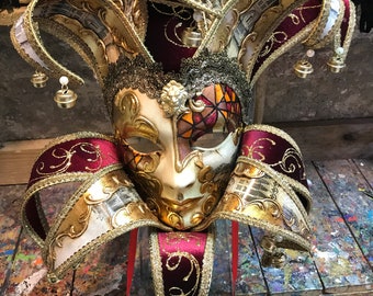 Elegant Jester mask, handcrafted and decorated in Venice - Venetian carnival jester mask - Joker mask