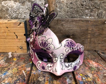 Pink carnival mask with glitter and elegant butterfly - Carnival mask made and decorated by hand - Venetian mask for parties