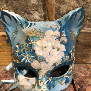 Original Venetian cat mask - Blue and white cat mask with floral decorations
