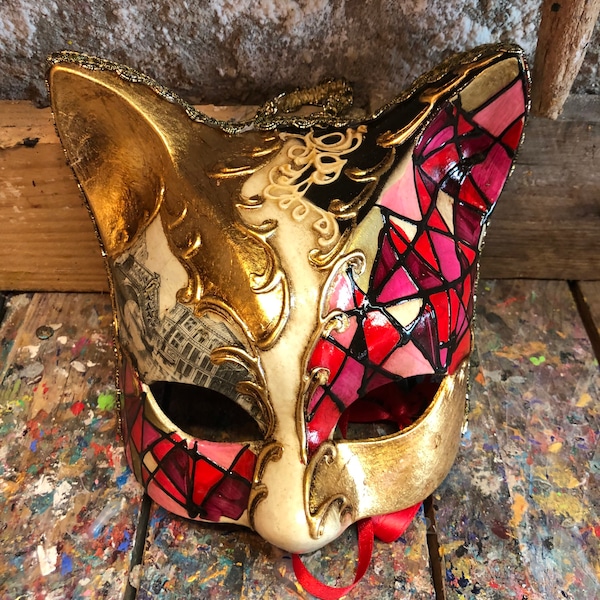 Venetian Cat Mask - Cat Mask with Golden Decorations - Original Carnival Mask