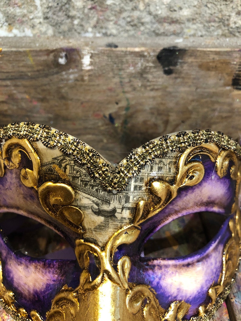 Colombina mask with golden and purple colors Handmade in Venice Carnival party mask image 4