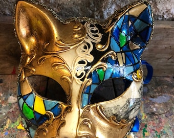 Venetian Cat Mask - Hand Decorated Cat Carnival Mask - Carnival Party Mask