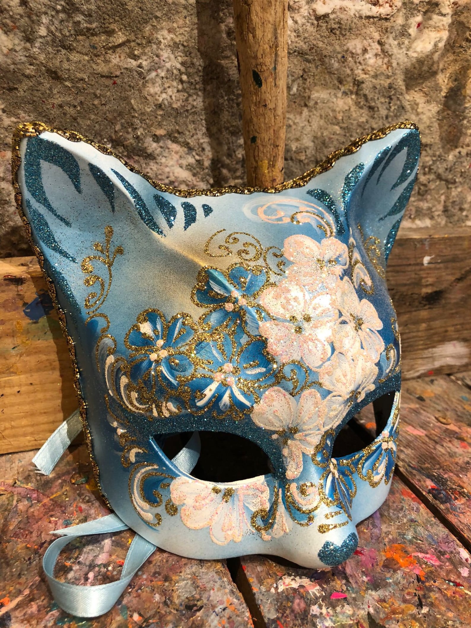 Original Venetian Cat Mask - Blue and White Cat Mask With Floral ...