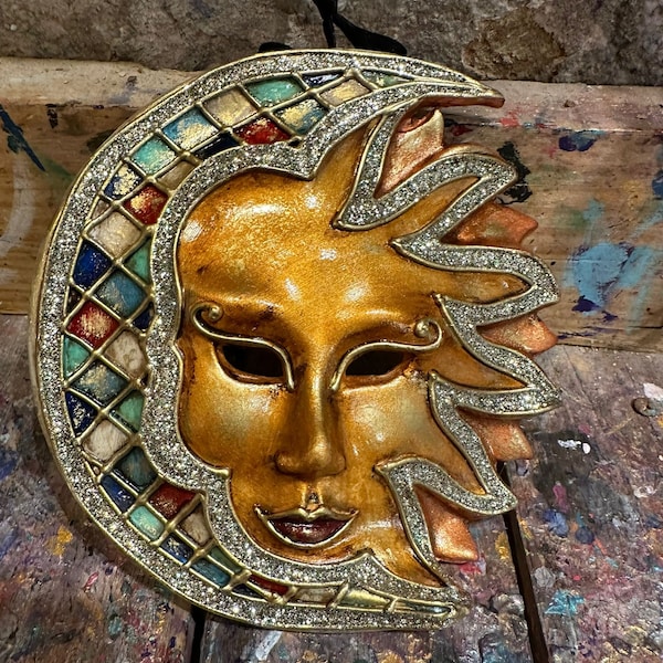 Carnival mask with sun and moon, decorated with glitter and harlequin style colors - Hand painted in Venice - For decoration