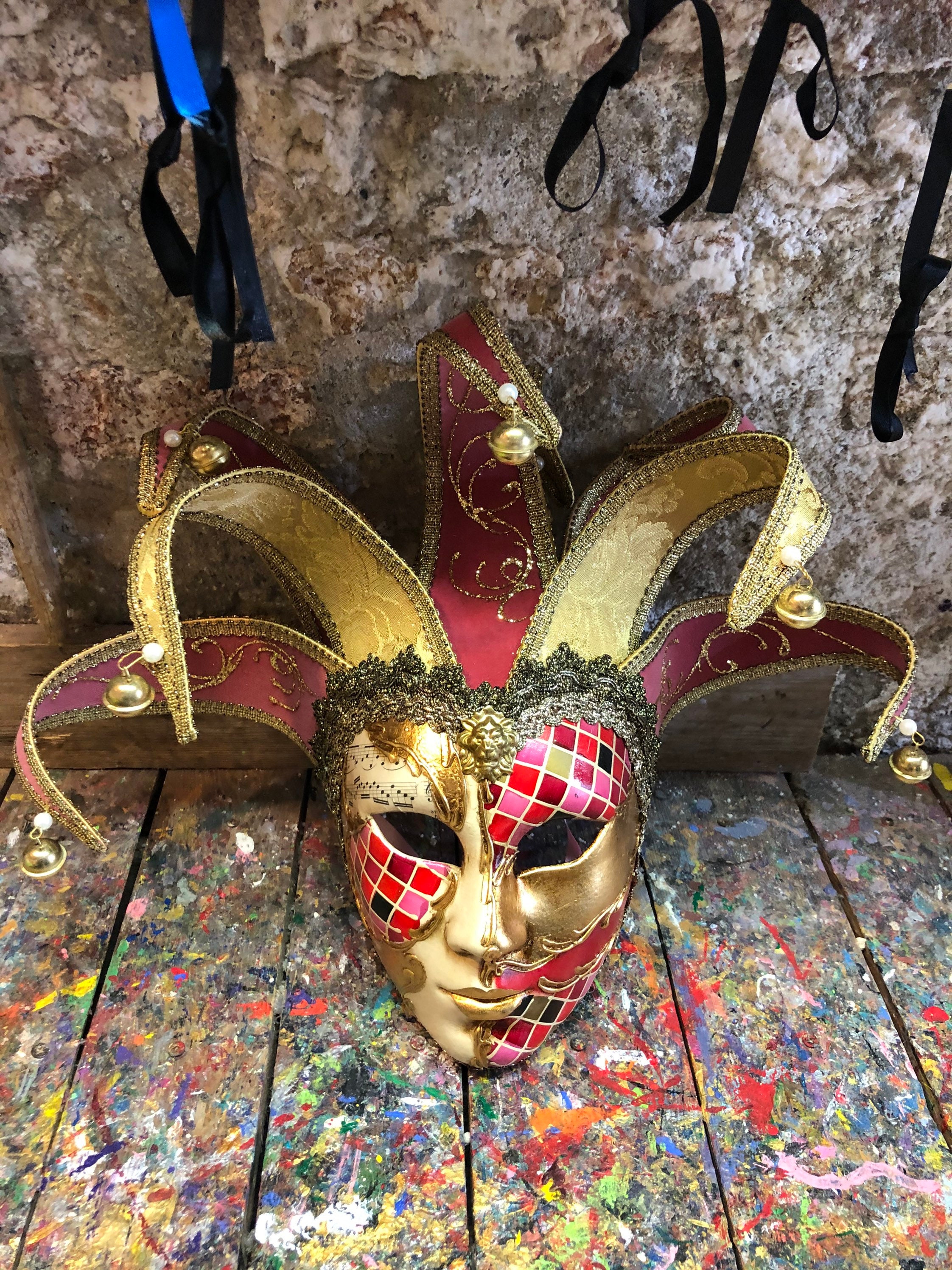 Jester Carnival Mask Decorated with Gold and Red Colors - Joker Carnival Mask