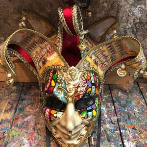 Venezianische Narrenmaske - Handbemalte Jokermaske mit Gold und edlen Farben - Narren-Karnevalsmaske