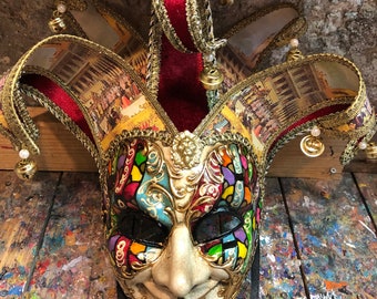 Venetian Jester Mask - Hand-painted Joker Mask with Gold and Fine Colors - Jester Carnival Mask