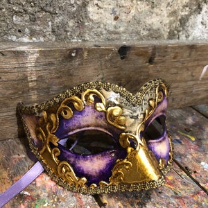 Colombina mask with golden and purple colors Handmade in Venice Carnival party mask image 2