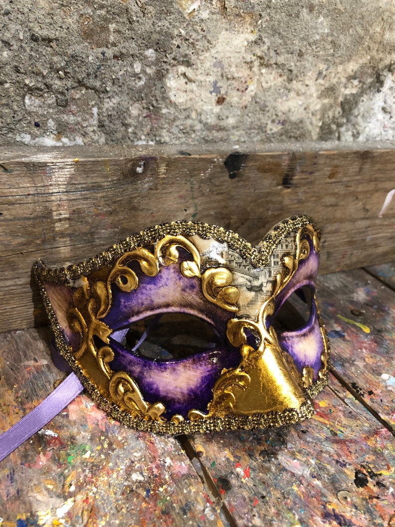 Colombina mask with golden and purple colors Handmade in Venice Carnival party mask image 2