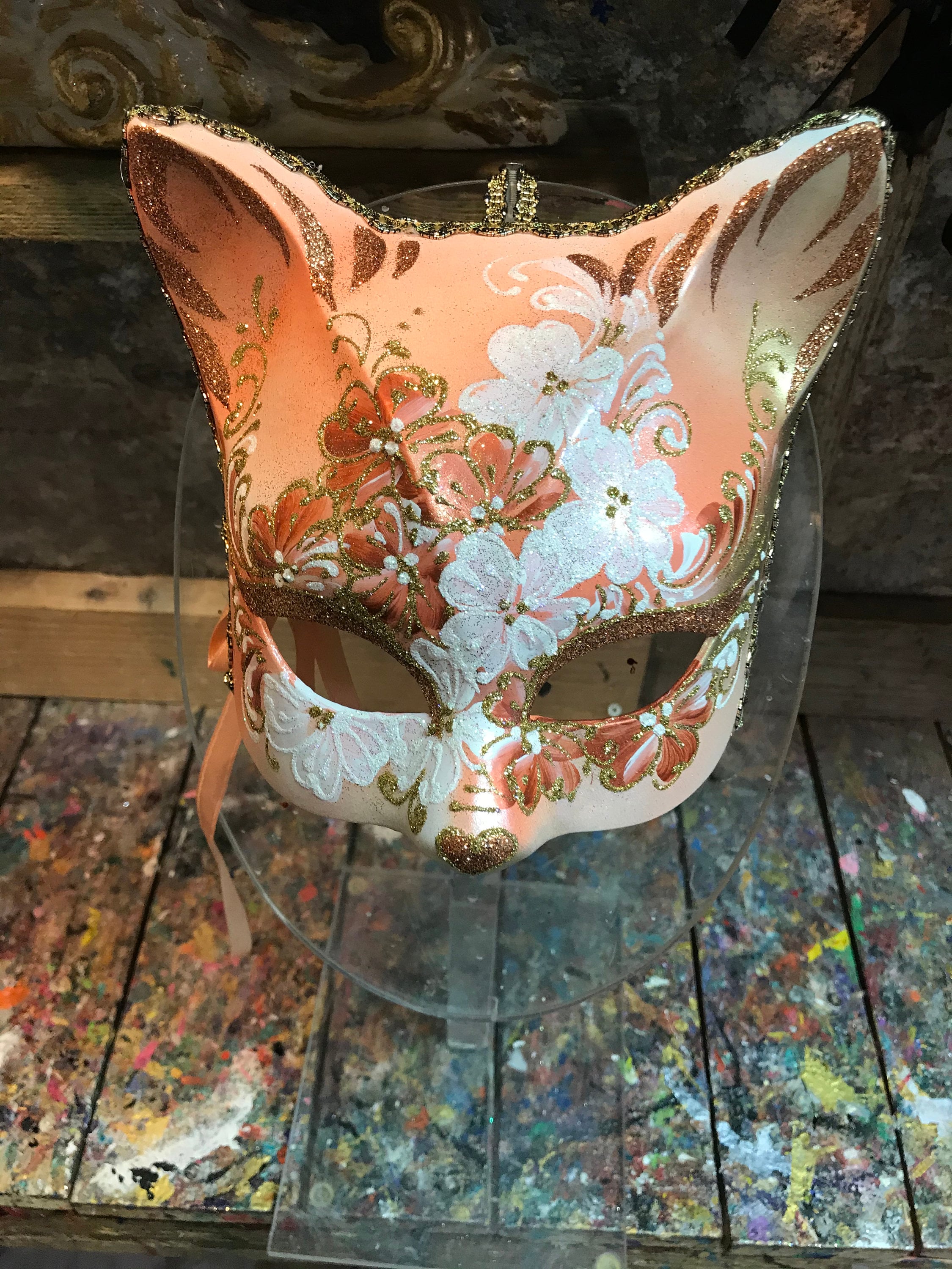 Original Venetian Cat Mask Pink and White Cat Mask Hand Decorated in Venice  