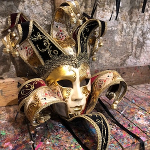 Elegant Jester Mask with Baroque Decorations - Hand Painted Joker Mask - Venetian Jester Mask