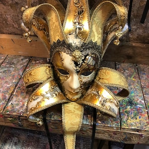 Golden Jester Mask - Venetian Joker Mask - Handcrafted and Hand Decorated Jester Mask
