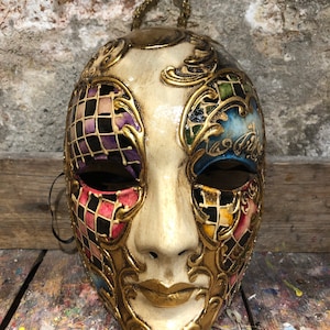 Golden Carnival Mask Painted with Venetian Designs - Carnival Mask Handmade in Venice - Venetian Mask