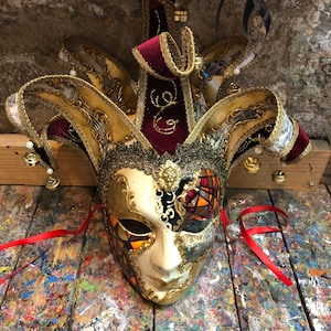 Golden Jester Mask - Jester Carnival Mask - Hand-decorated Venetian wildcard mask