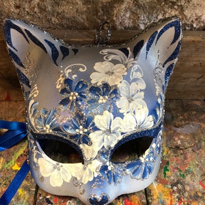 Carnival Cat Mask - Blue and White Cat Mask - Venetian Cat Mask Handmade in Venice -