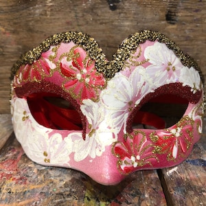 Pink Venetian Carnival Mask with Floral Decorations - Carnival Eye Mask