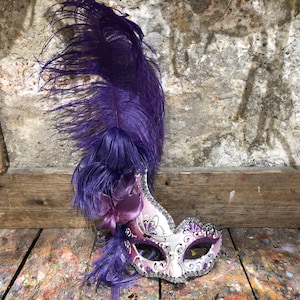 Purple Carnival Eye Mask with Elegant Feathers - Venetian Eye Mask - Hand Made and Decorated Carnival Eye Mask