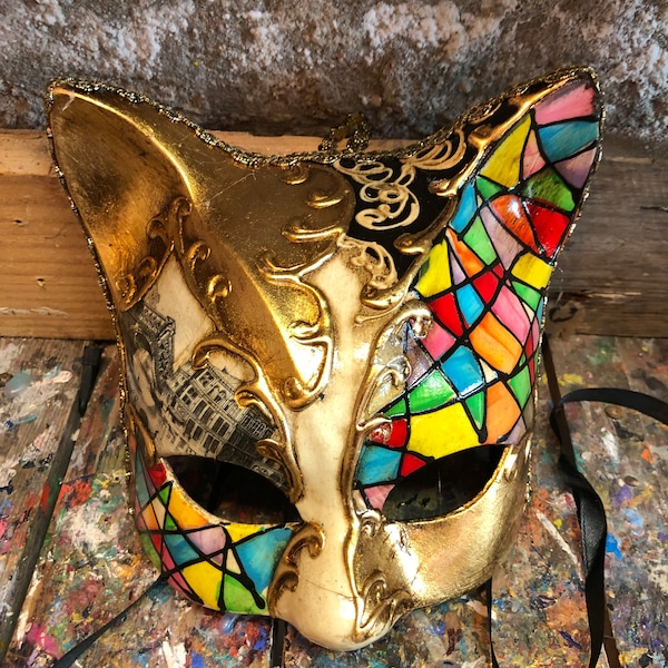 Venetian cat mask - Golden cat carnival mask - handmade in Venice