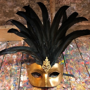 Carnival Mask with Feathers - Venetian Mask for Carnival Parties - Golden Colombina Handmade