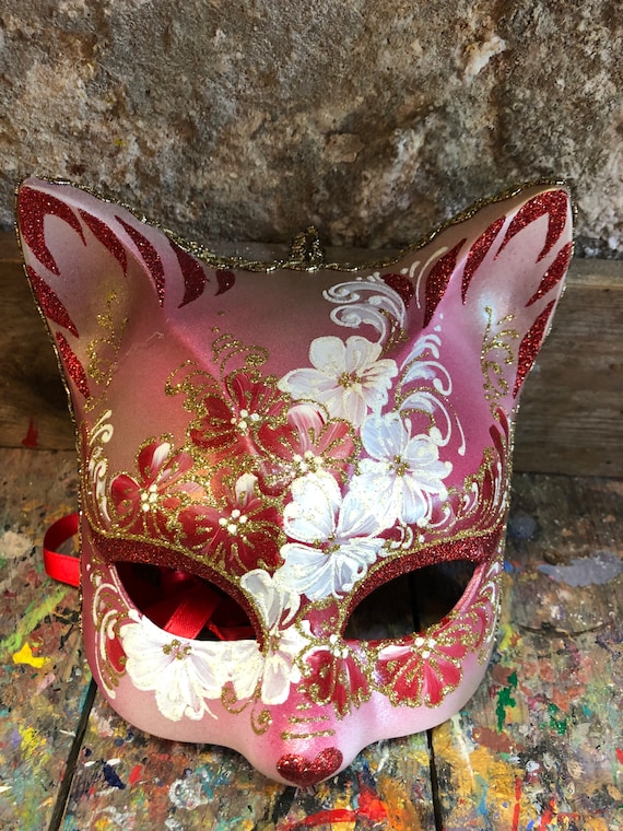 Máscara de mascarada rosa Máscara de carnaval de gato Finamente decorada a  mano -  México