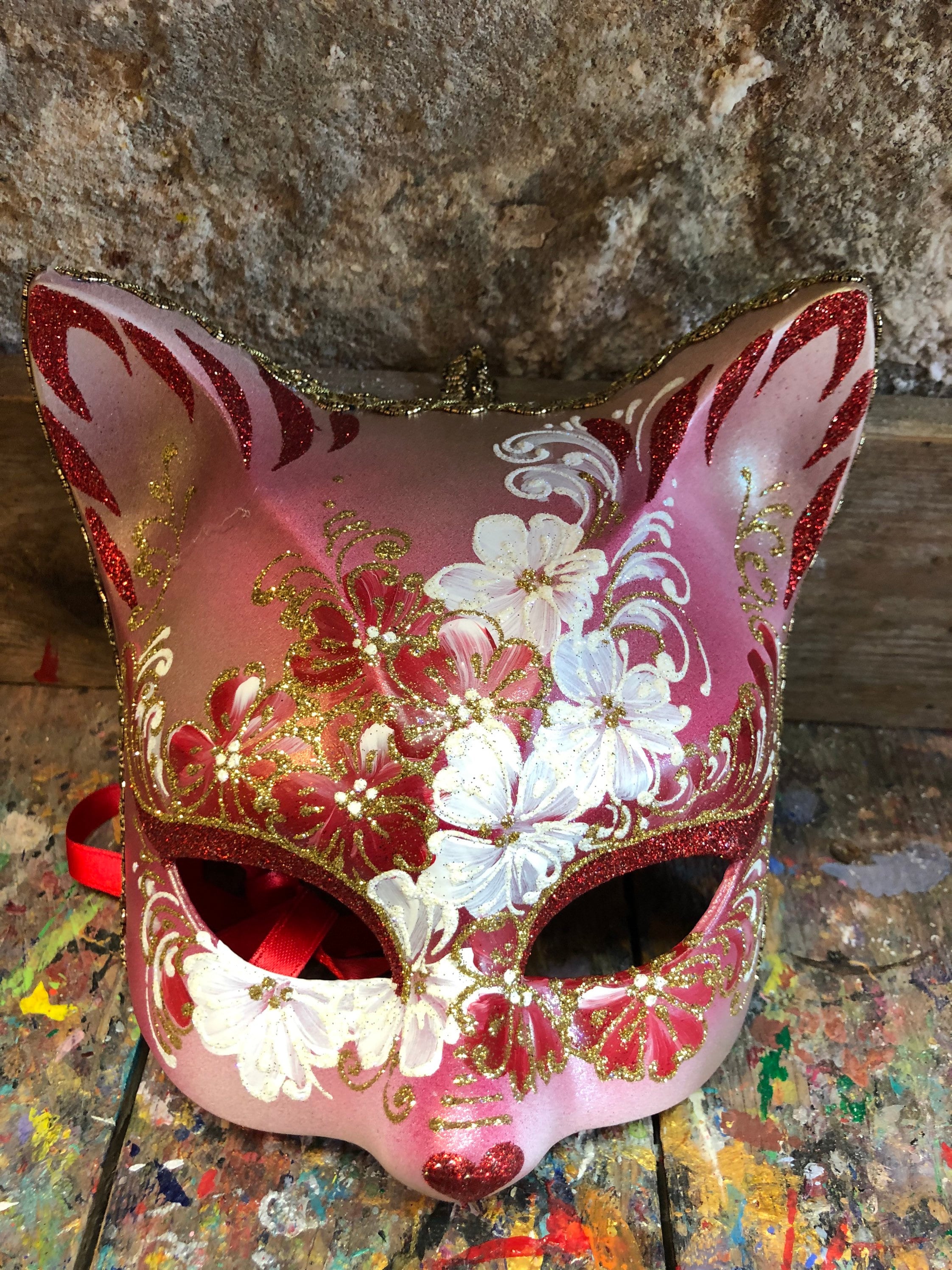 Pink Fancy Dress Mask - Cat Carnival Mask - Finely Hand 