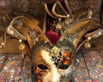 Venetian Jester Mask - Hand drawn and decorated - Jolly carnival mask