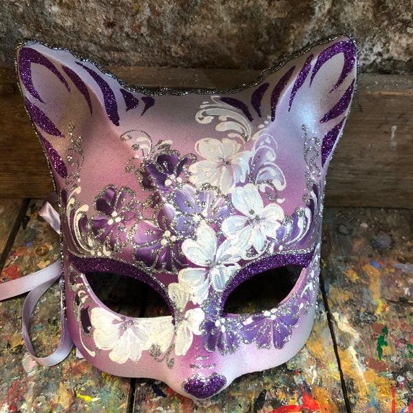 Pink cat mask, decorated with glitter and silver colors - Elegant Venetian cat mask - Cat mask for parties