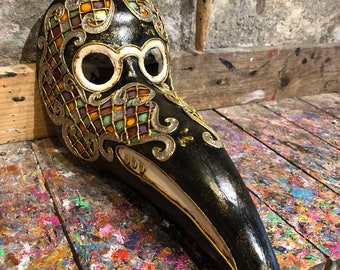 Plague doctor mask decorated with colorful baroque friezes - Venetian black plague doctor mask