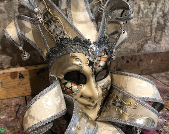 Jolly Carnival mask - Jester mask handmade in Venice - Carnival mask decorated with silver friezes and glitter