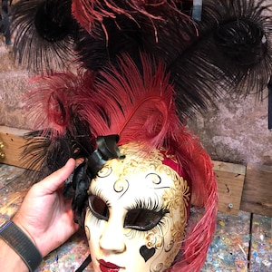 Original Venetian Mask with Feathers - Colombina Hand Decorated in Venice