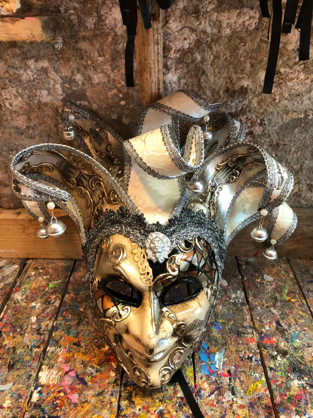 Jester Mask Decorated With Golden Colors and Venetian Designs - Hand ...