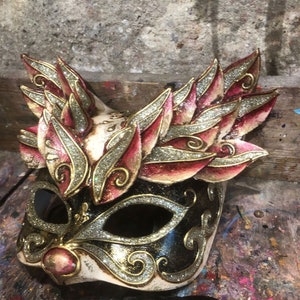 Carnival Cat Mask Decorated with Glitter, Baroque Decorations and Wonderful Petals - Elegant Venetian Party Mask