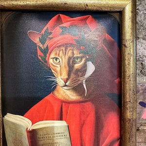 Oil painting on canvas depicting Dante Alighieri as a cat - Hand painted with wooden frame