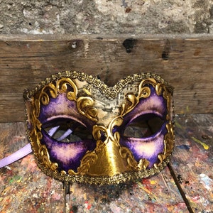 Colombina Mask with Golden and Purple Colors - Handmade in Venice - Carnival Party Mask