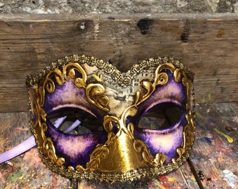 Colombina mask with golden and purple colors - Handmade in Venice - Carnival party mask