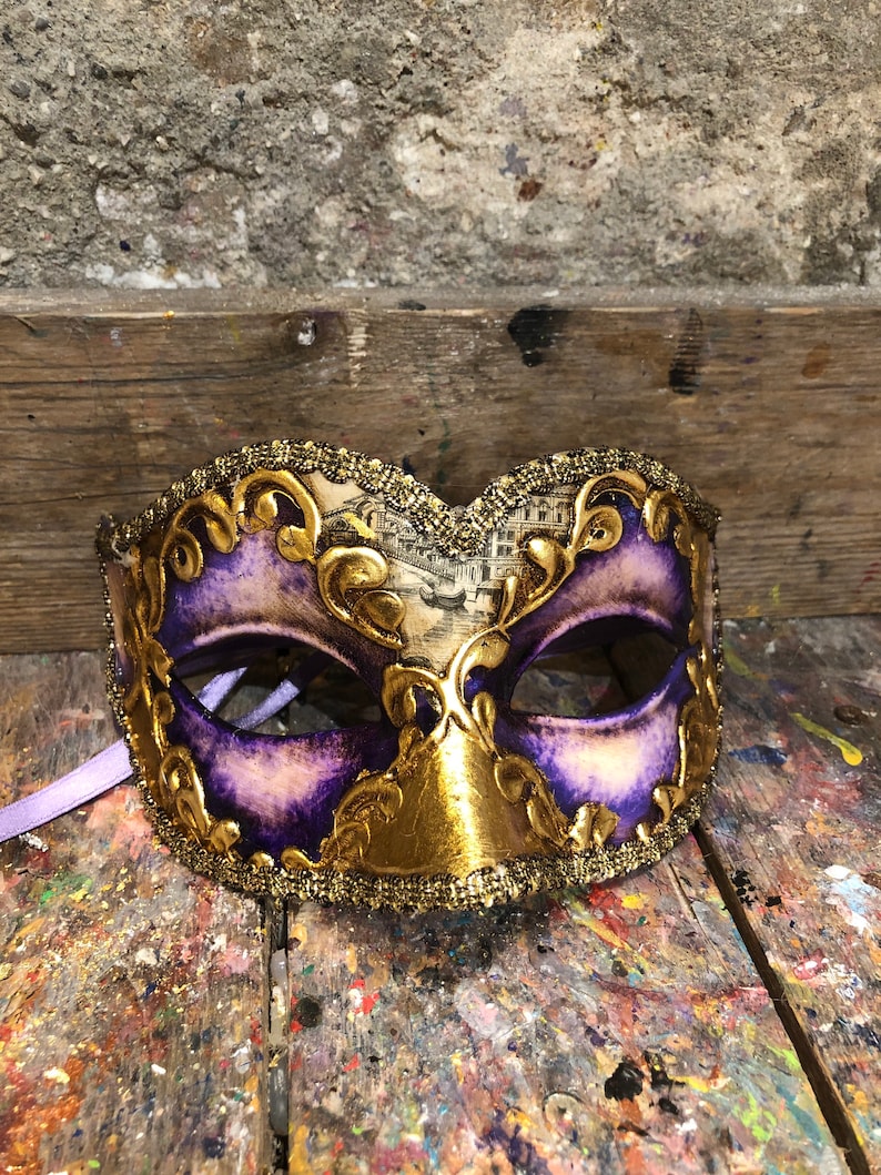 Colombina mask with golden and purple colors Handmade in Venice Carnival party mask image 1