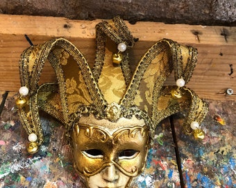 Original Venetian Jolly Mask - Home Decoration - Golden Jester Mask - Not Wearable