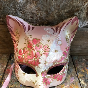 Original Venetian Cat Mask - Pink and White Cat Mask - Hand-decorated in Venice