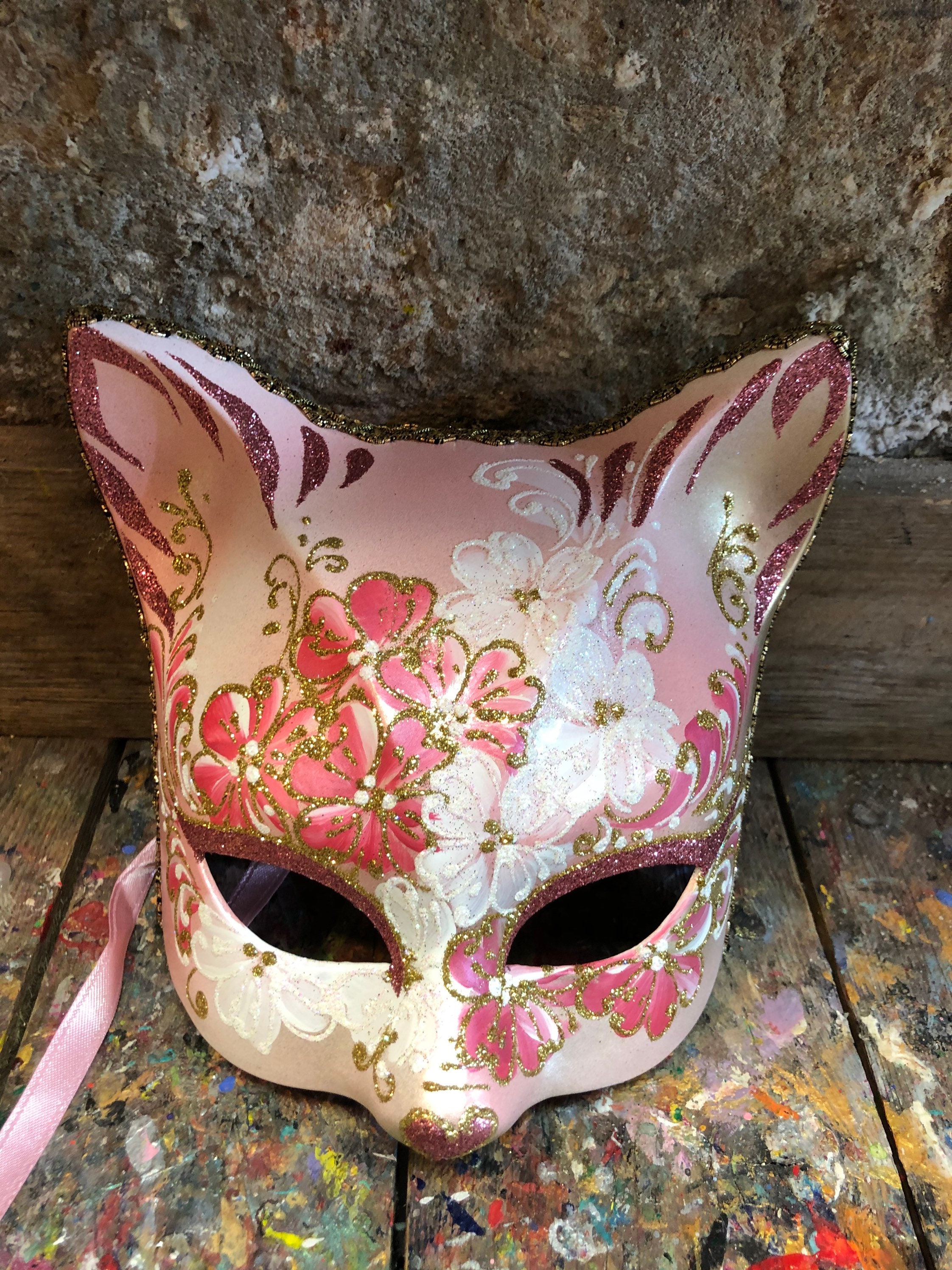 オリジナルのベネチアン猫マスク - ピンクと白の猫マスク - ベネチアで