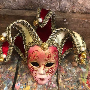 Venetian Joker Mask Decorated with Red and Gold Colors - Venetian Jester Mask Created and Decorated by Hand - Not Wearable