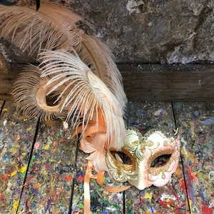 Carnival mask with feathers and glitter - Venetian mask for carnival parties - Handmade Colombina