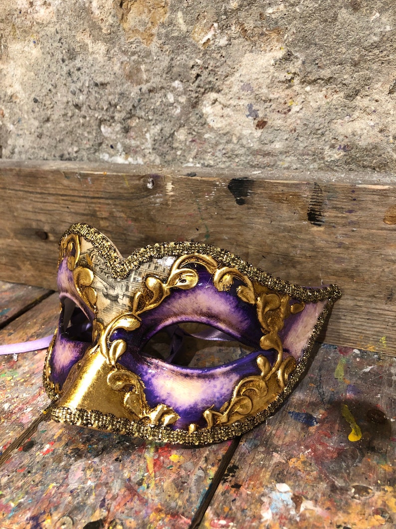 Colombina mask with golden and purple colors Handmade in Venice Carnival party mask image 3