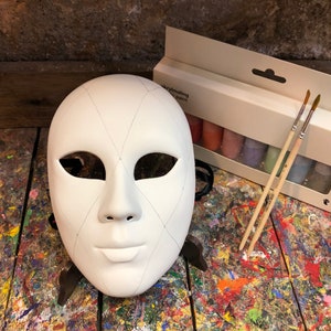White Venetian Mask with Painting Kit - Brushes and Colors Included - Paint Your Own Carnival Mask
